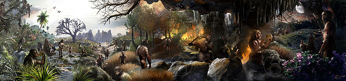 Hominin Origins Mural by Viktor Deak - A panorama of characters from the 7 million year evolution of our Homininae Subfamily